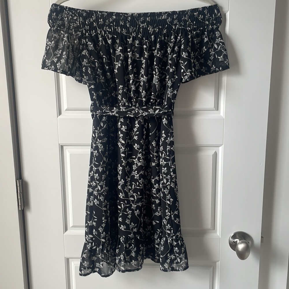 Black and white off the shoulder mini dress